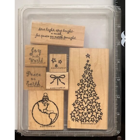 Stampin Up! PEACE ON EARTH WOOD Rubber Stamp Set OF 7 WORLD CHRISTMAS TREE STAR - Picture 2 of 4
